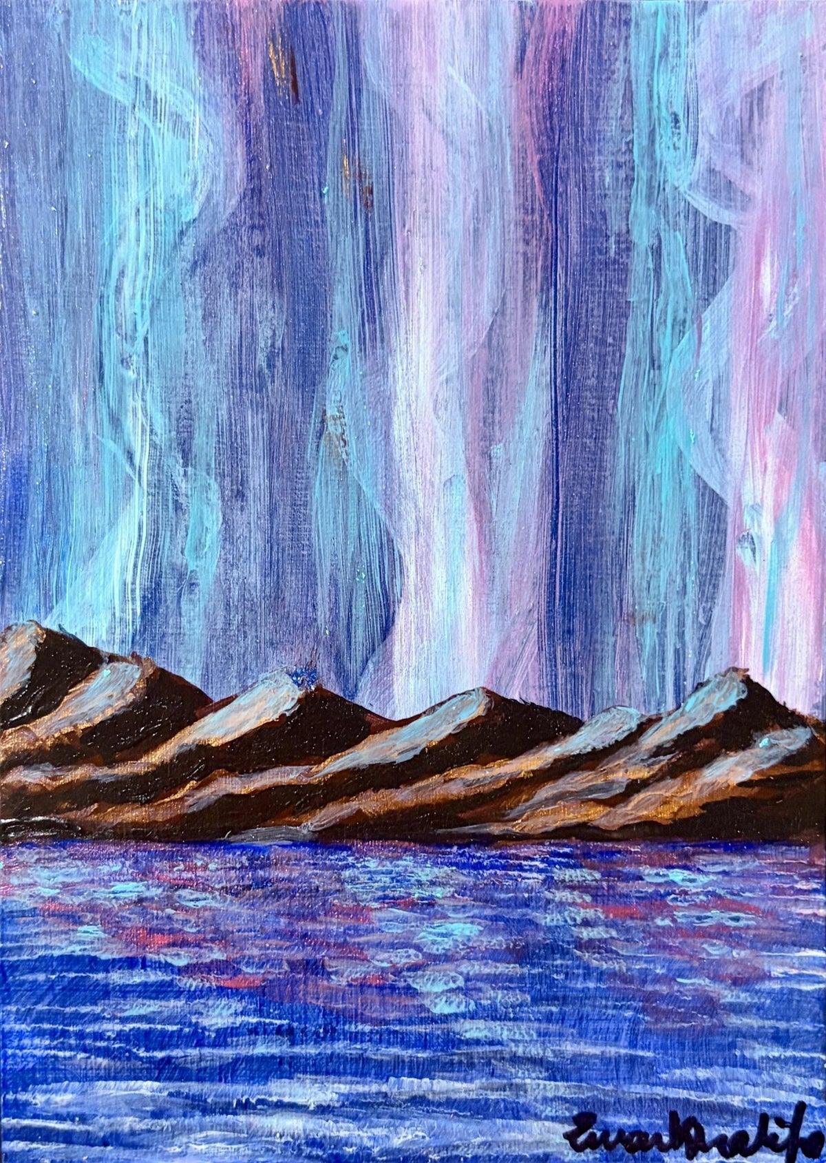 Aurora Purple Lights by Eman Khalifa, lilac and icy blue lights above a snow-streaked mountain ridge reflected in deep blue water.
