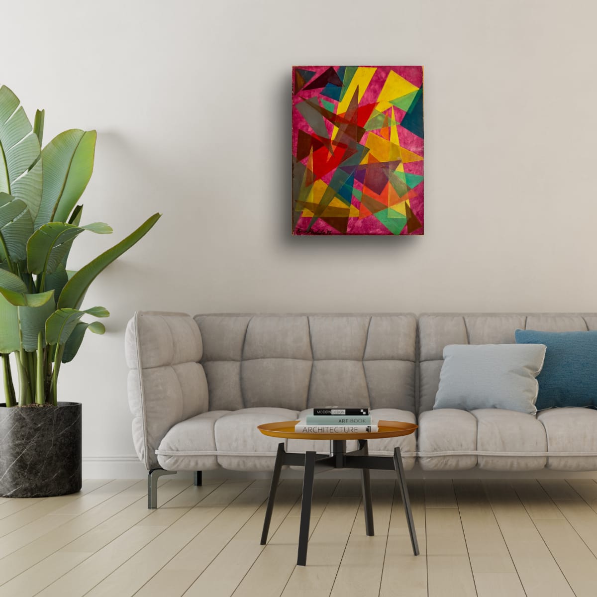 Original oil painting with magenta ground and layered triangles — ‘In the Wine Glass’