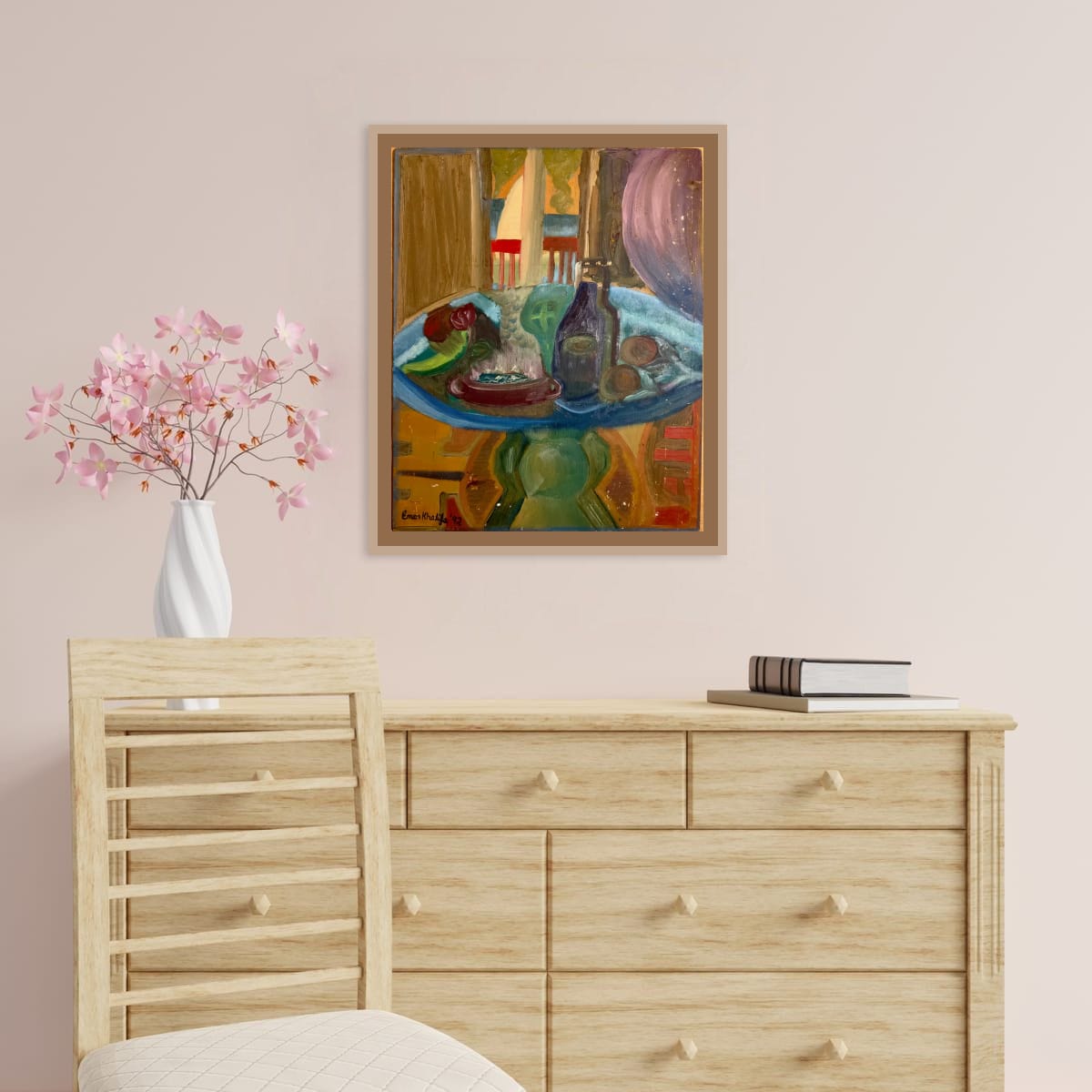 Framed fine‑art print of ‘Table of Echoes’ with vessels on a floating, warped table in vivid colours