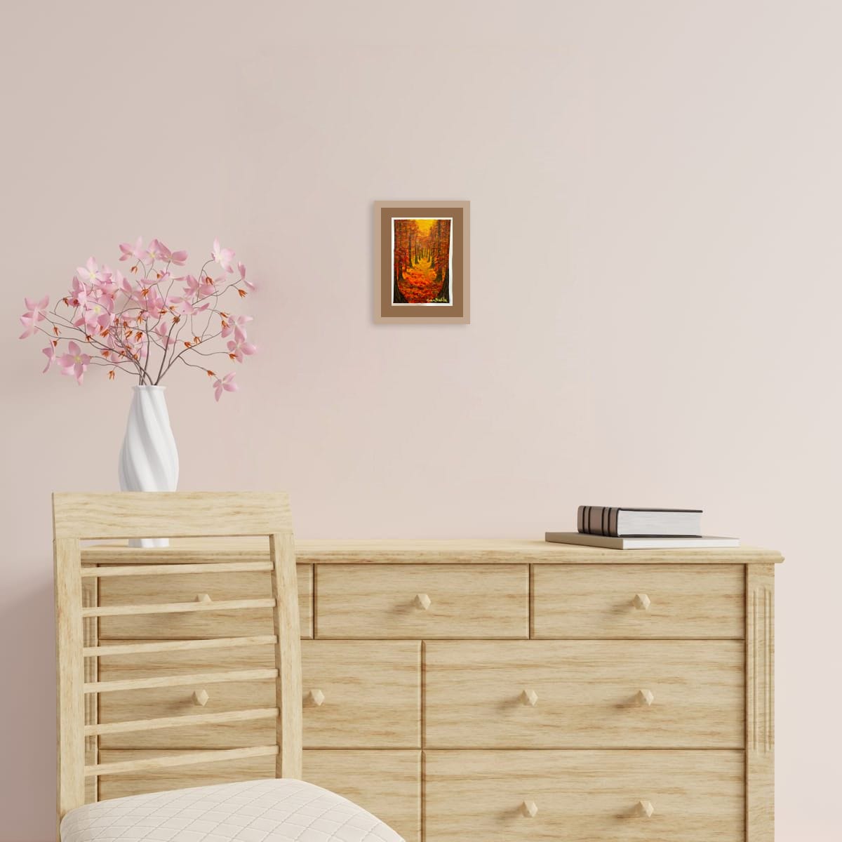 Autumn Whisper original hand-painted A6 art card—forest pathway in amber and sienna autumn tones.