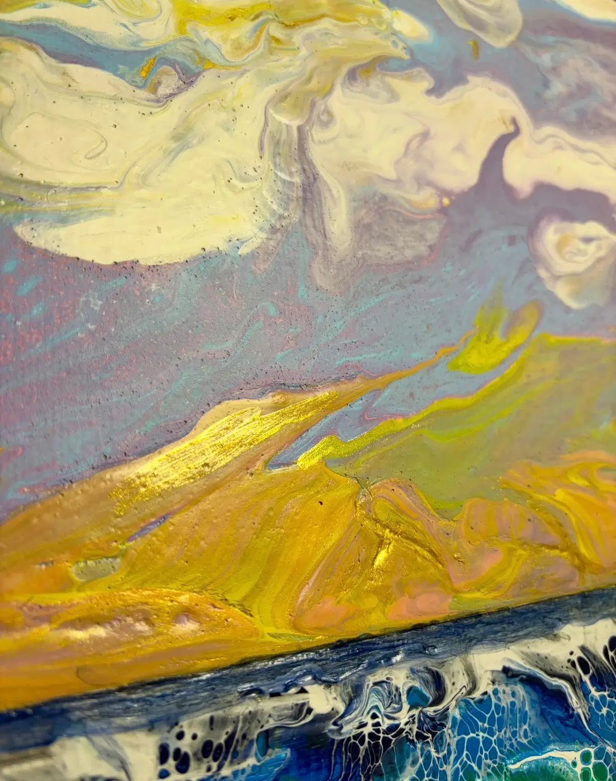 Abstract art with gold, blue, and white colors