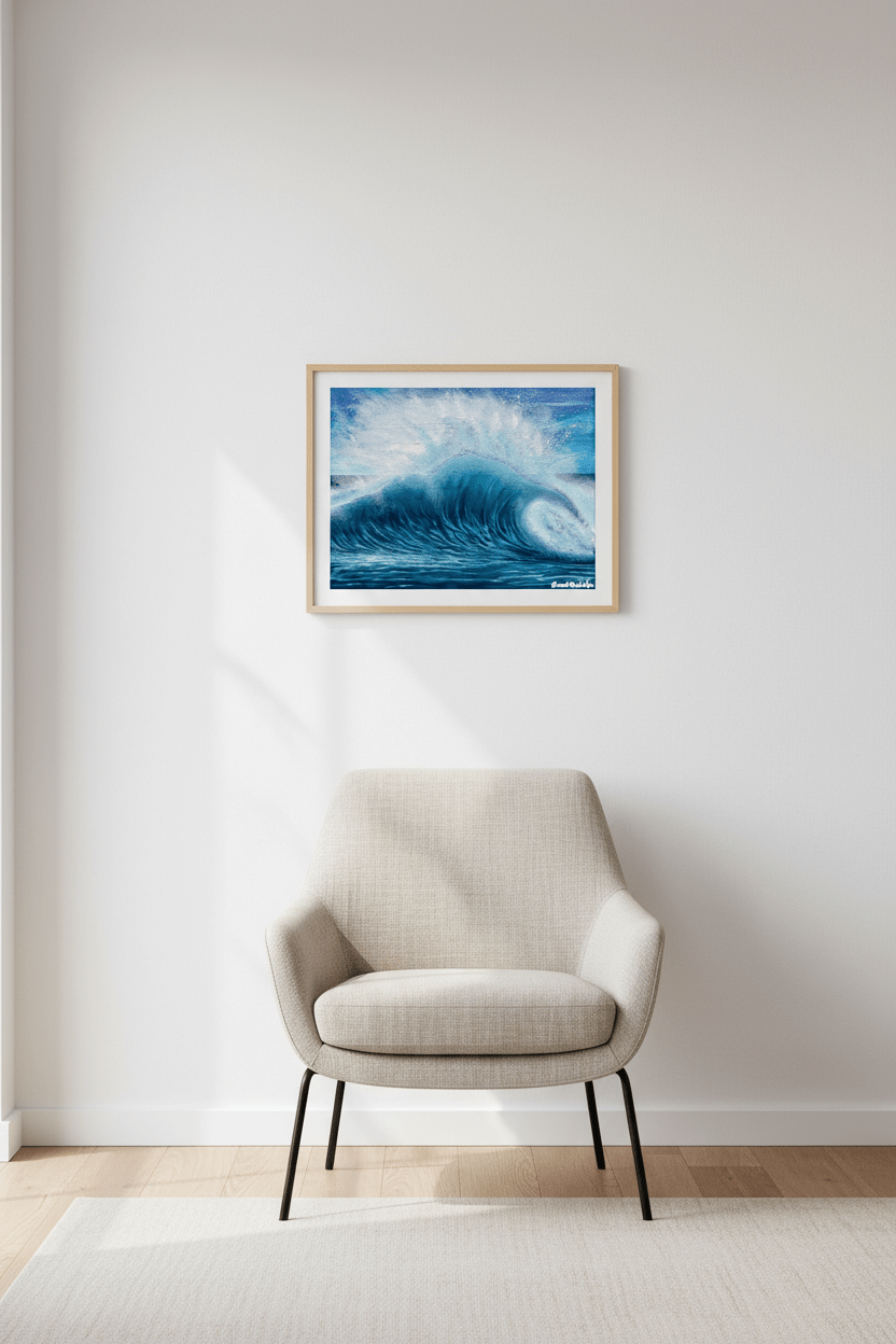Eternal Heart ocean wave painting displayed on a white chair against a white wall, showing its soft blue tones in a calm interior setting.