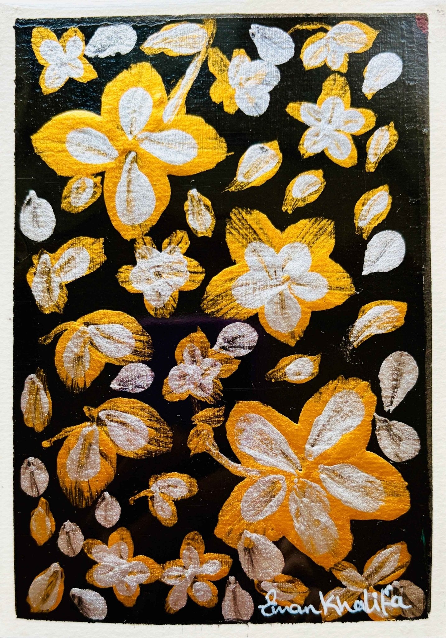 Floral Symphony on Black – Original Gold & Silver Floral Mini Painting on A6 Cardstock