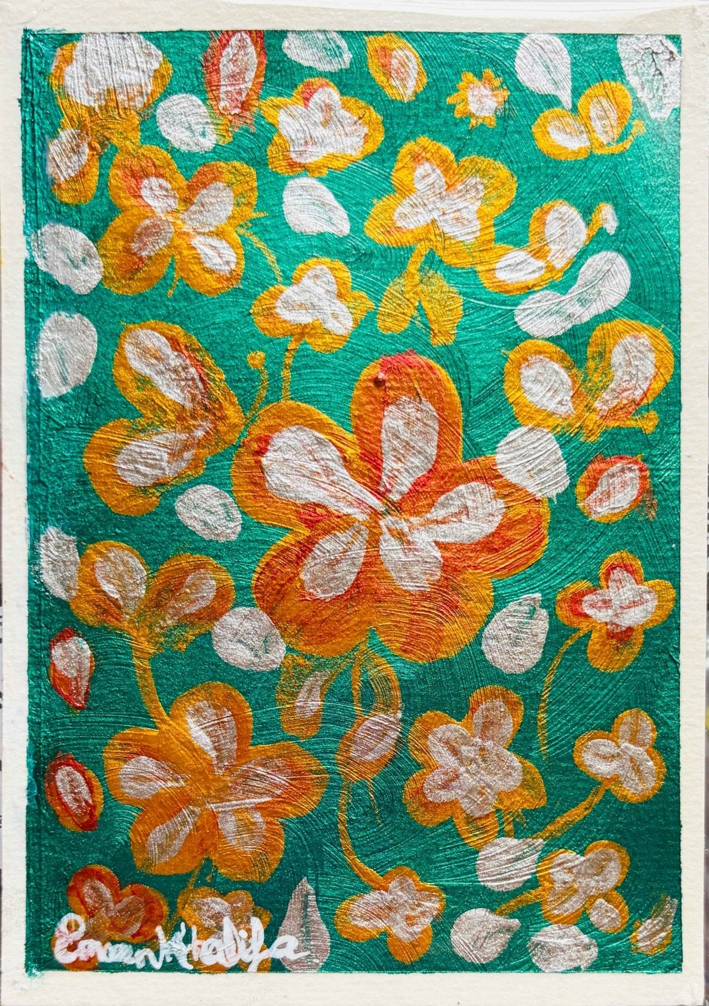 Floral Symphony on Green – Original Gold Floral Mini Painting on A6 Cardstock