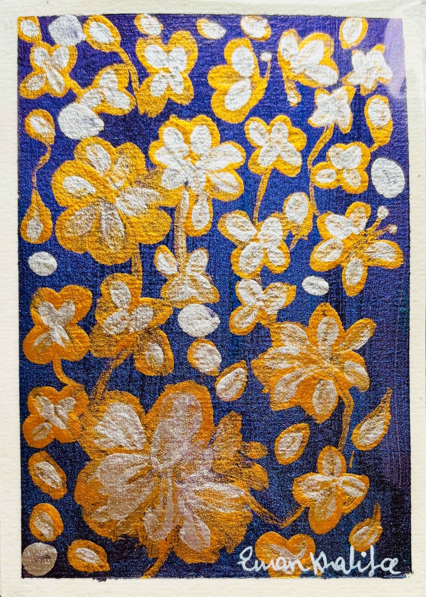 Floral Symphony on Purple – Original Gold & Silver Floral Mini Painting on A6 Cardstock