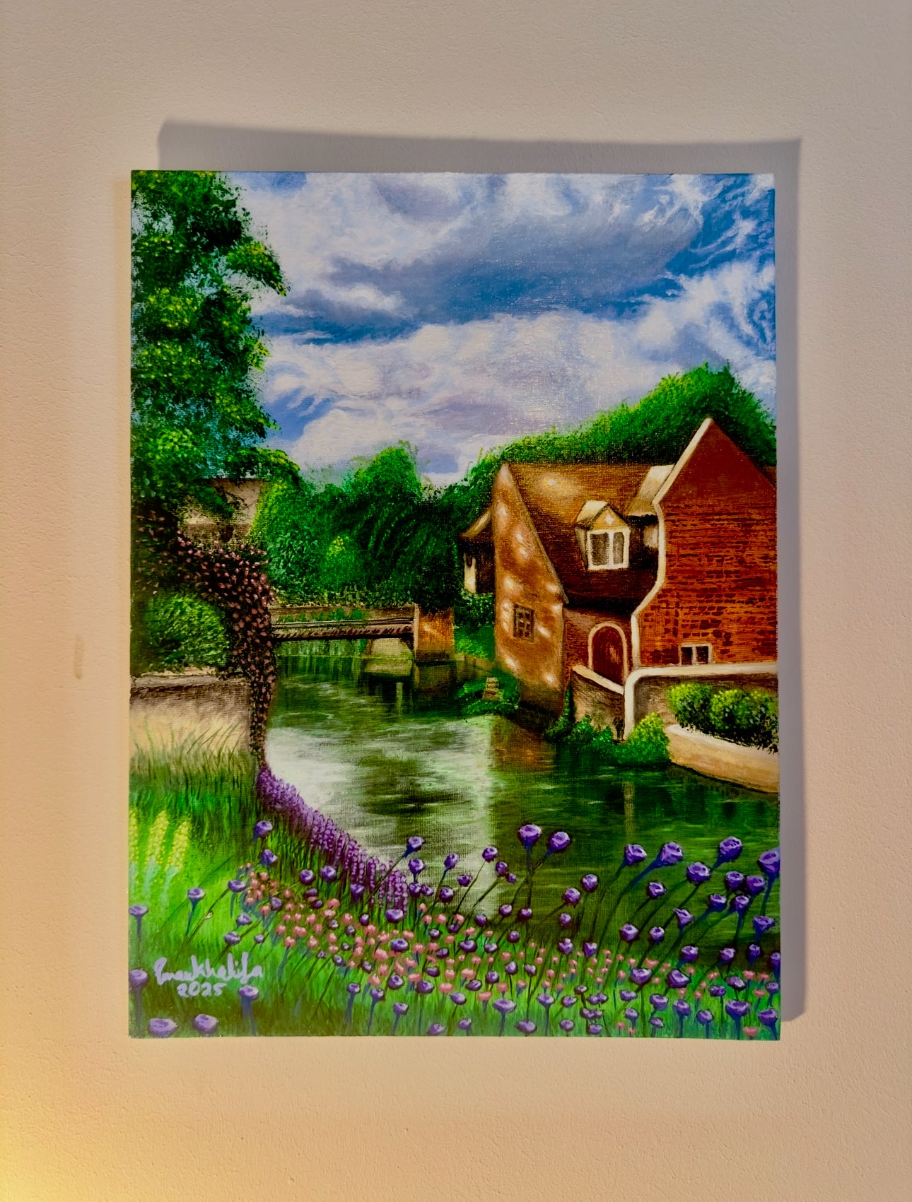 Impressionist river with wildflowers under soft morning light — ‘River Melody’ by Eman Khalifa, 30×40 cm