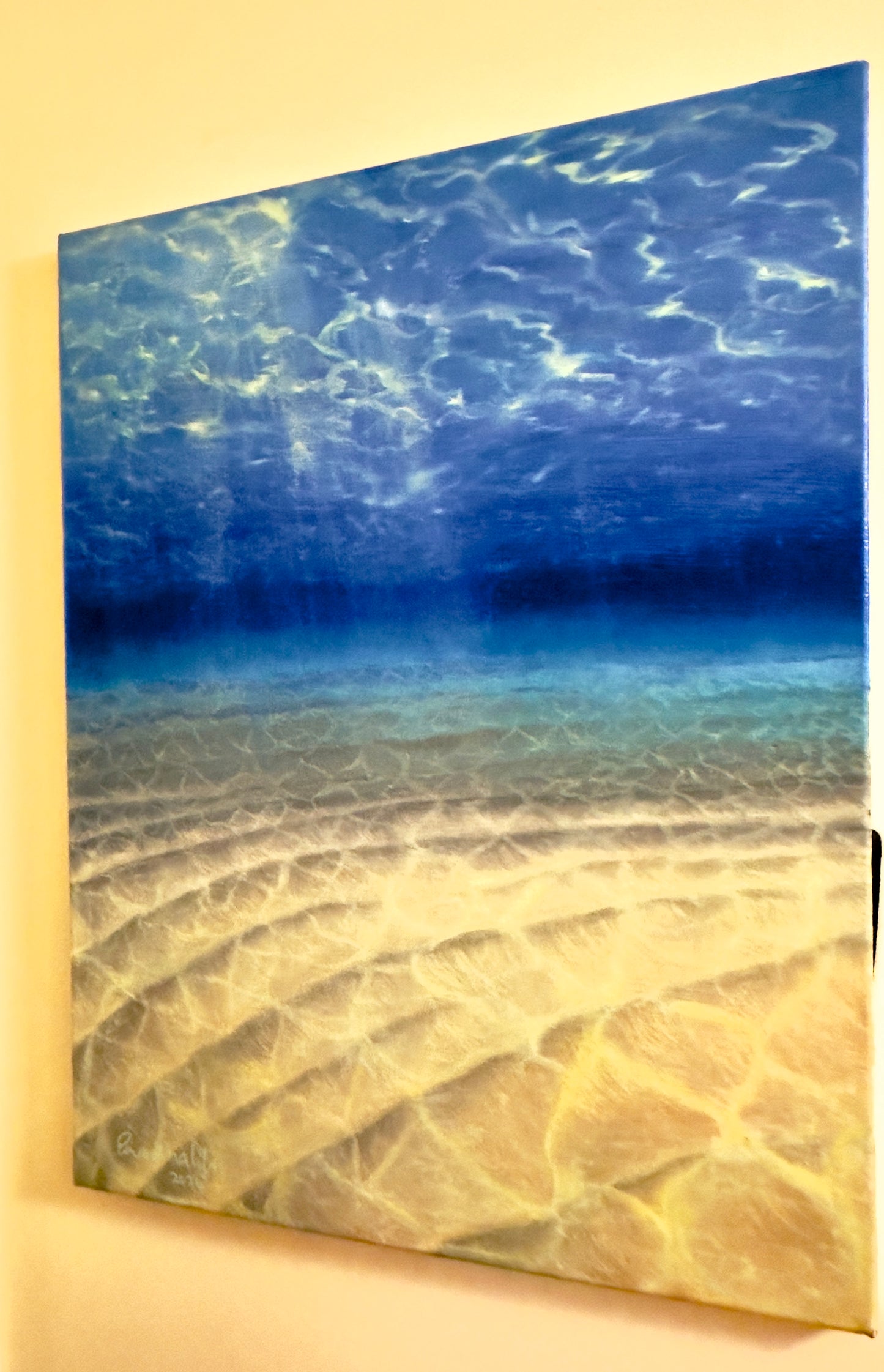 ‘Hypnosis’ original oil painting—sunbeams over rippled sand under blue water, 45×60 cm by Eman Khalifa