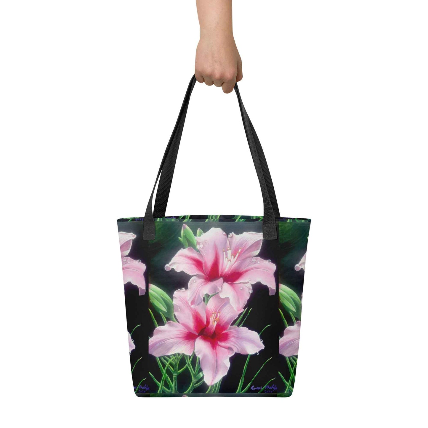 Tote Bag - Desire - Pink Lily Floral Realism on Black