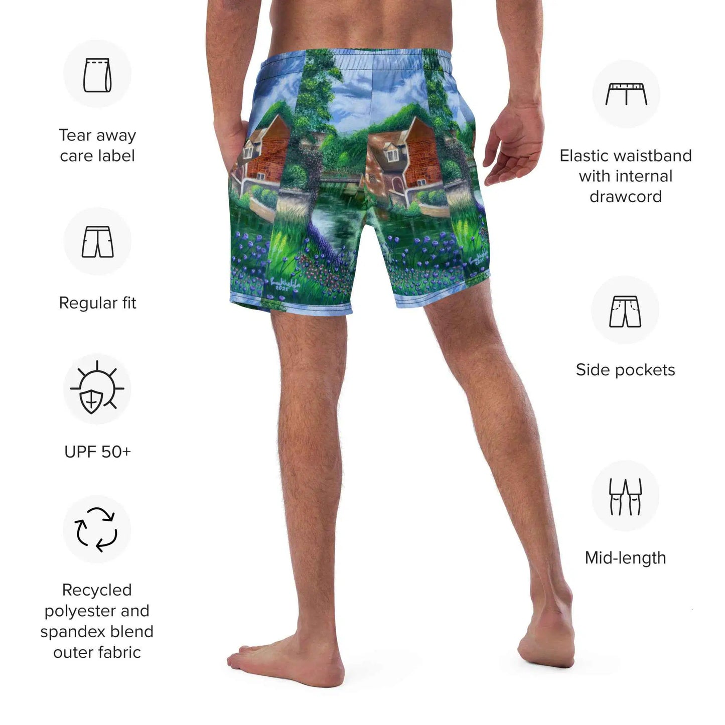 Men's Swim Trunks - River Melody - Impressionist Landscape