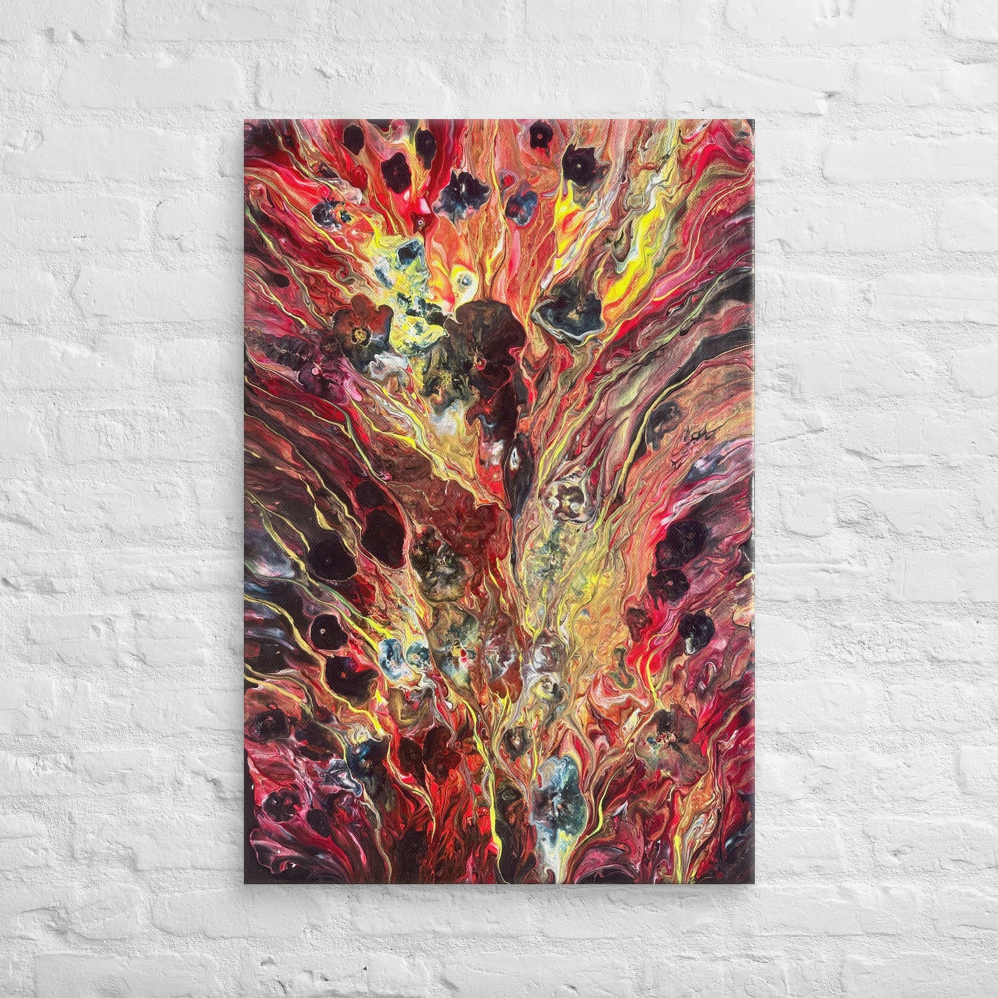 Canvas print of ‘Phoenix’ showing molten red and gold acrylic pour with black accents, ready to hang