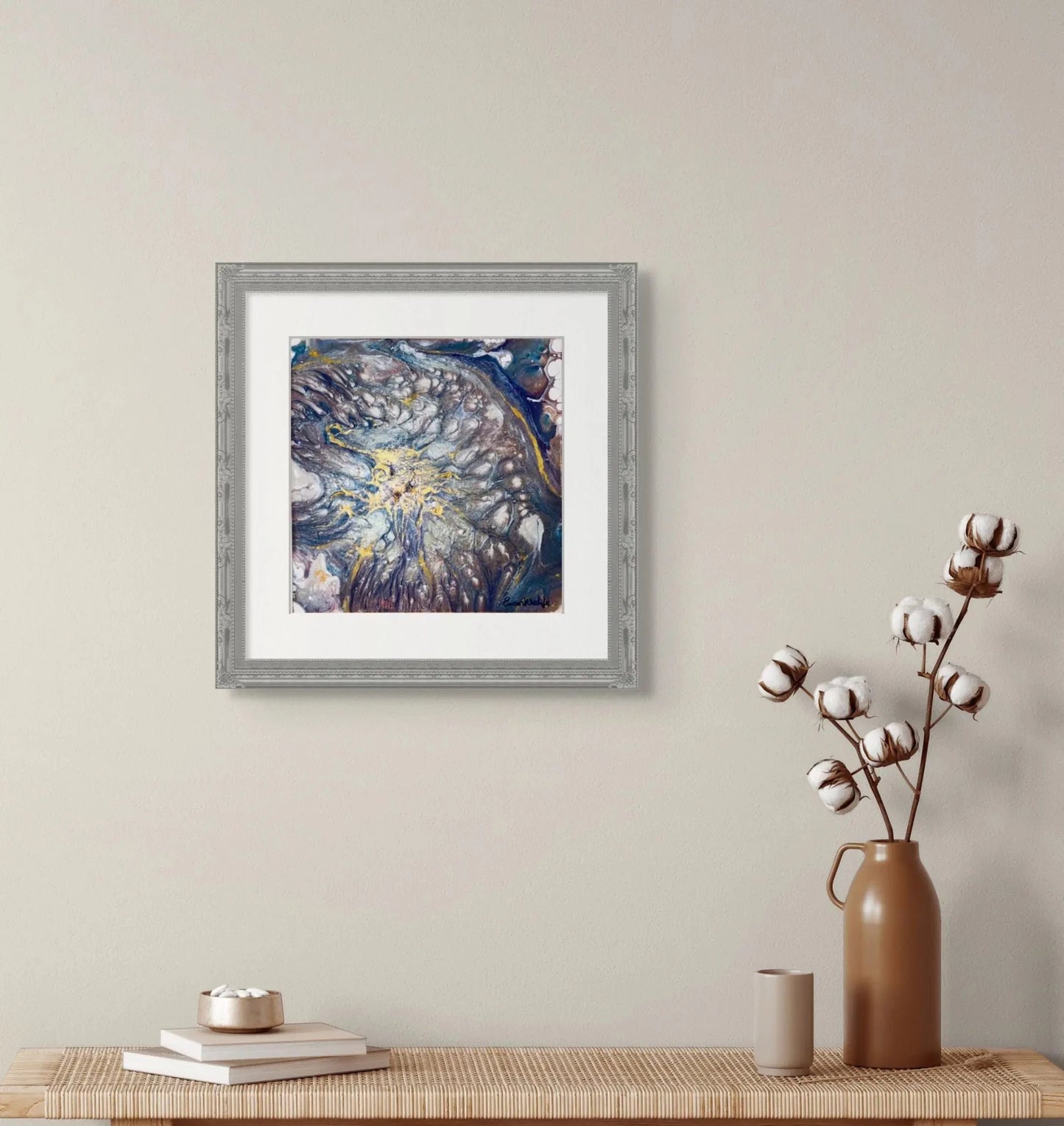 Catharsis – Peinture acrylique abstraite contemporaine encadrée, argent et or métalliques