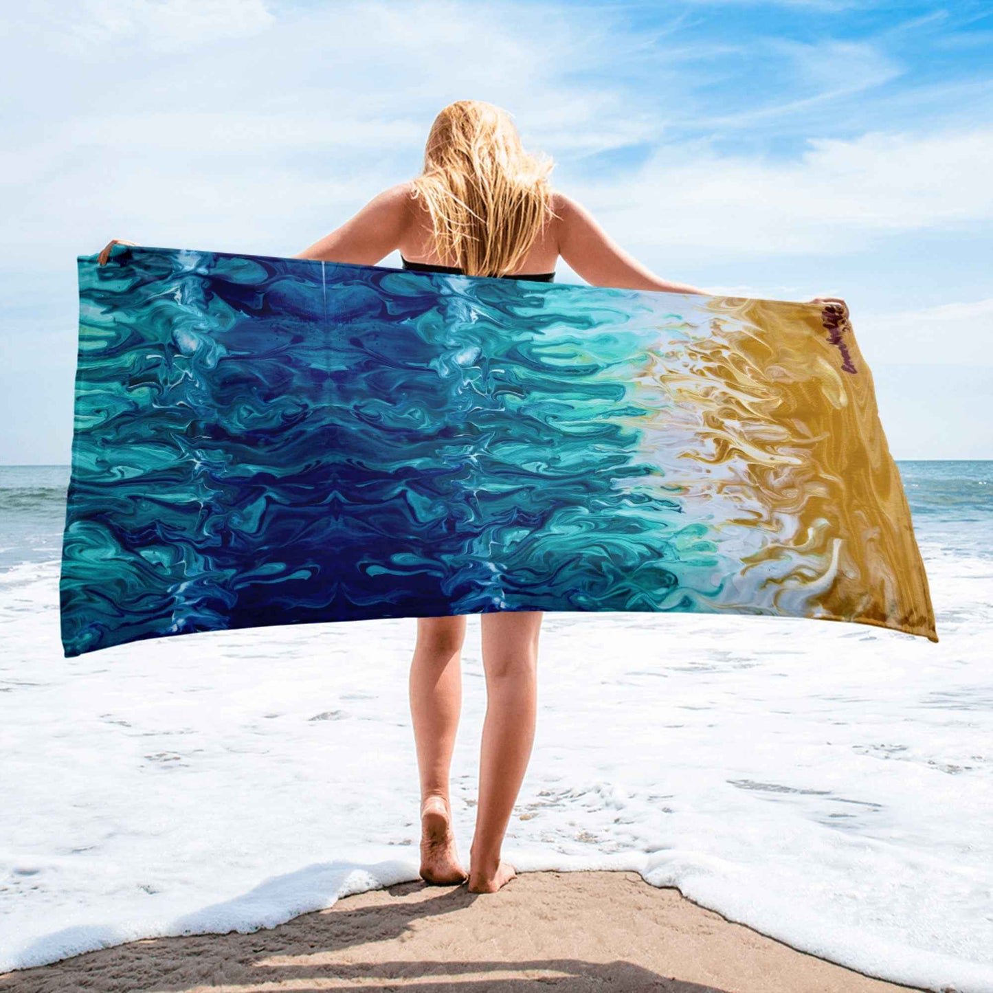 Beach Towel - Good Tidings - Fluid Blue Gold Ocean