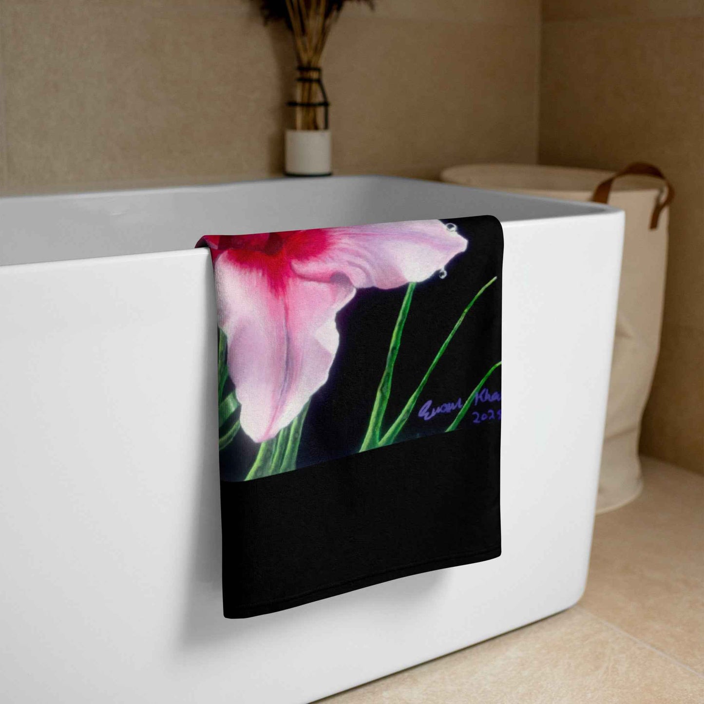 Towel - Desire - Pink Lily Floral Realism on Black