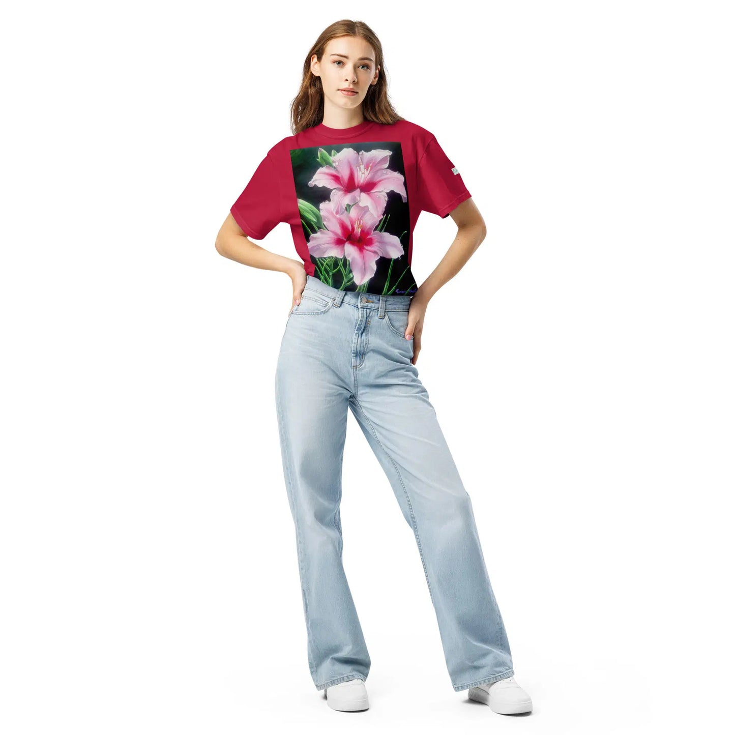 Unisex T-Shirt - Desire - Pink Lily Floral Realism on Black - Eman's Gallery