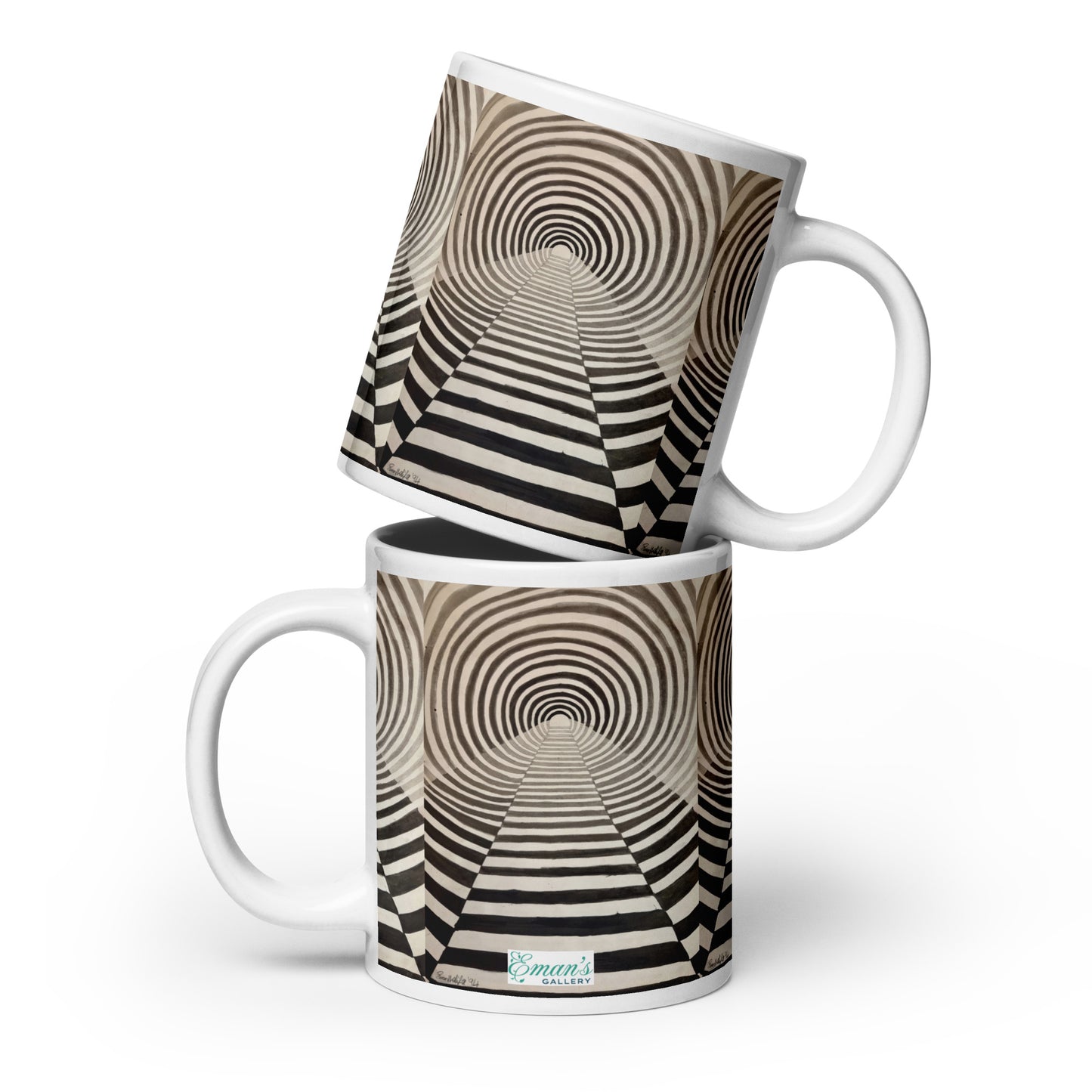 Black-and-white concentric curves forming a tunnel illusion; graphic op art in gouache on paper.