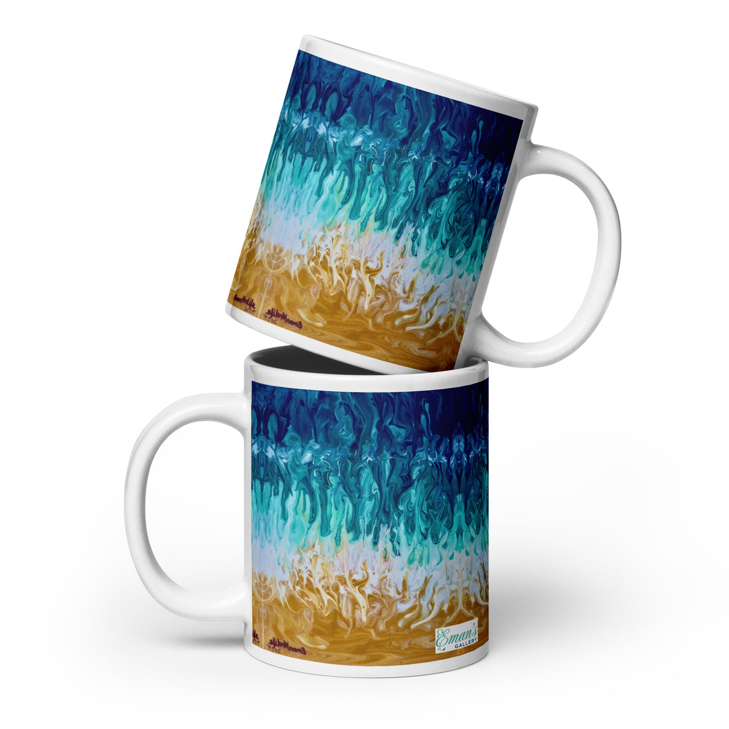 Good Tidings by Eman Khalifa—blue and gold acrylic pour with wave-like cells and flowing ocean forms.