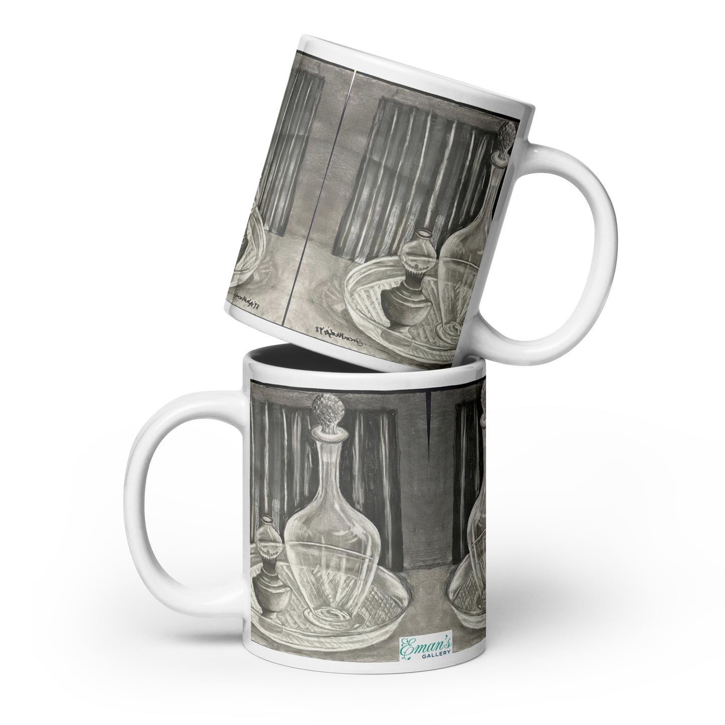 Ceramic mug with wraparound print of ‘Crystal Memory’ monochrome still life.