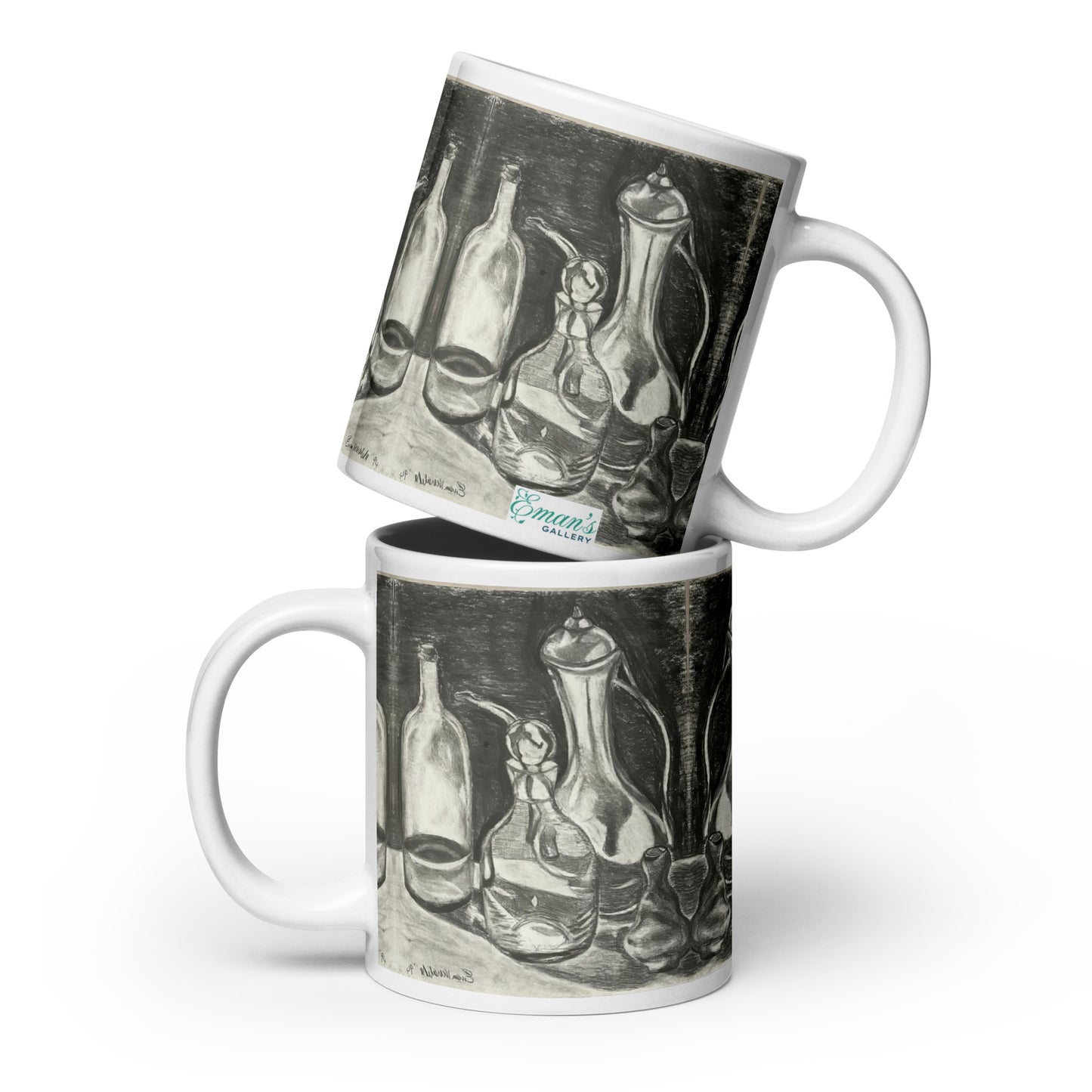 Ceramic mug printed with monochrome still life of glass vessels in charcoal.