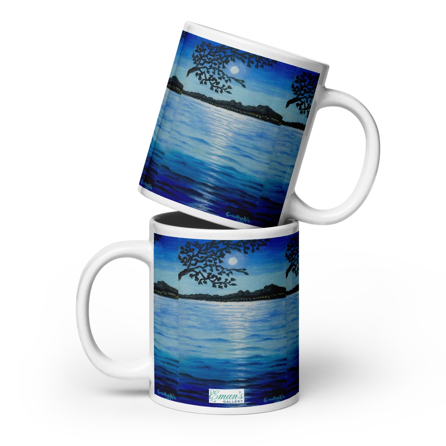 Ceramic mug printed with silver‑blue moonlit water from ‘Nocturned’