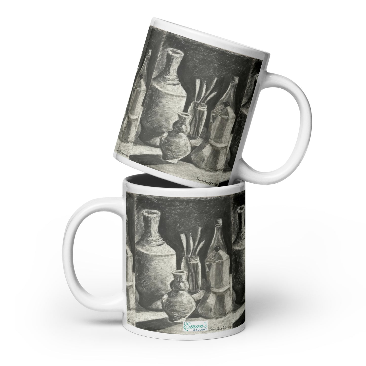 Weight of Silence ceramic mug with monochrome still-life artwork.