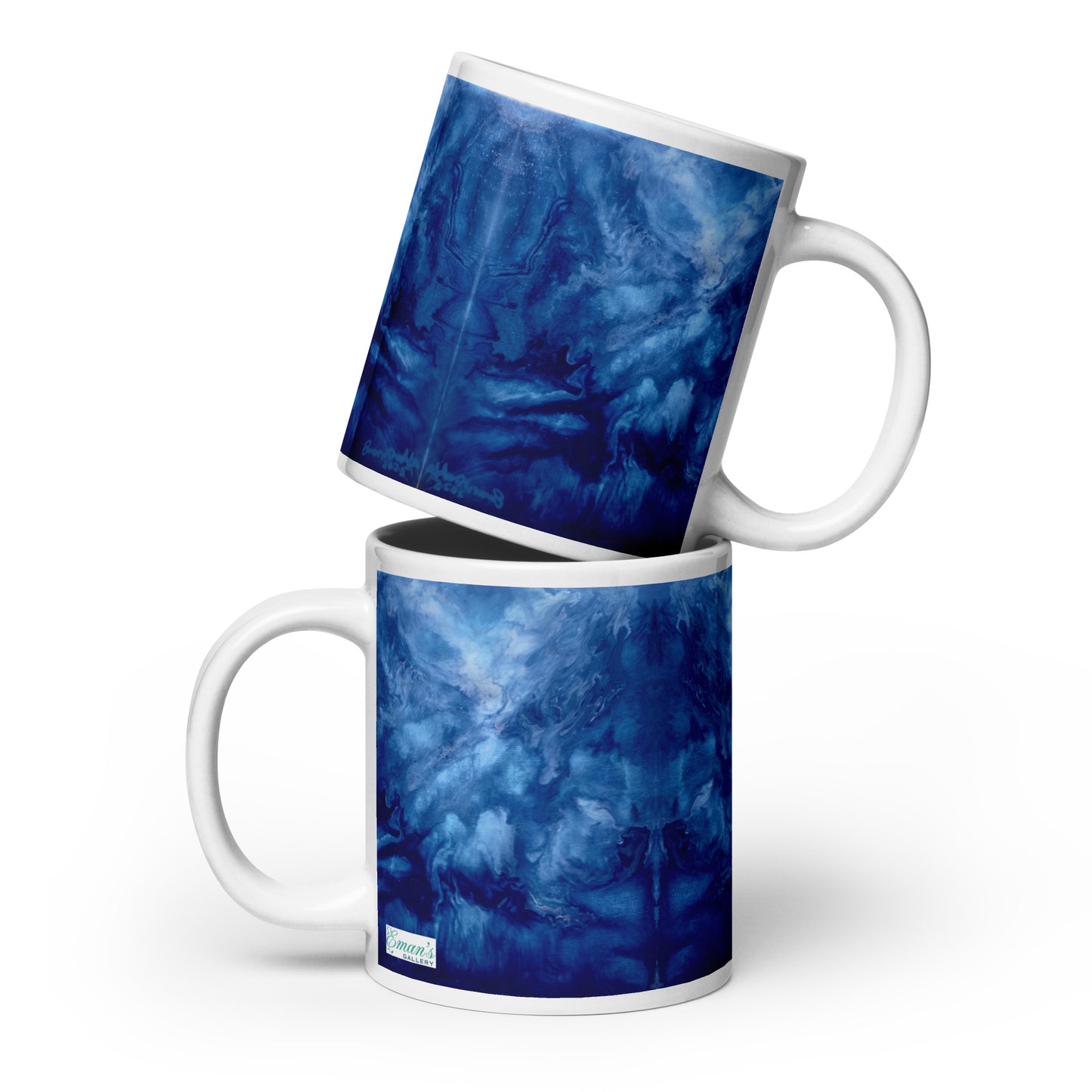 Ceramic mug printed with storm‑blue acrylic pour from ‘Thunder’