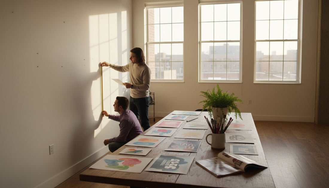 Couple choosing art prints for apartment