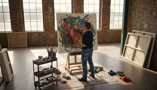 Artist painting bold abstract art in sunlit studio
