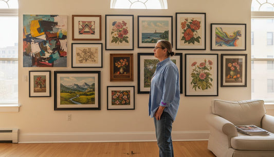 Collector examines eclectic art print gallery wall