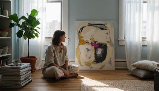 Woman viewing original painting in sunlit apartment