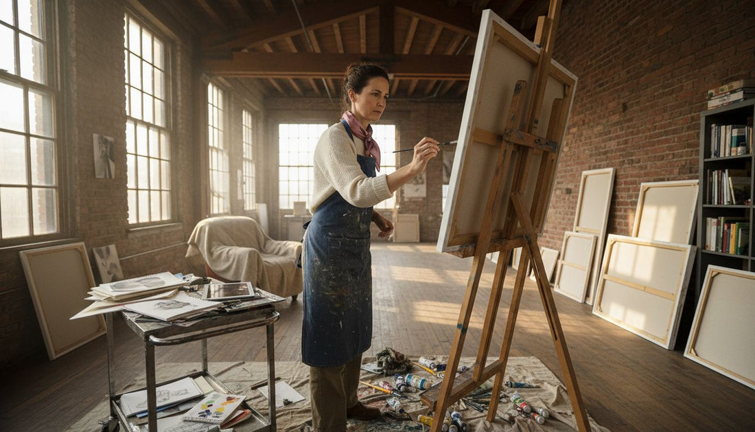 Artist working on custom canvas in studio