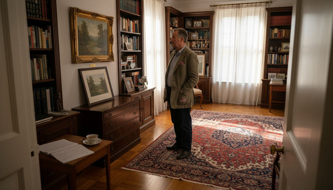 Collector comparing original painting and art print