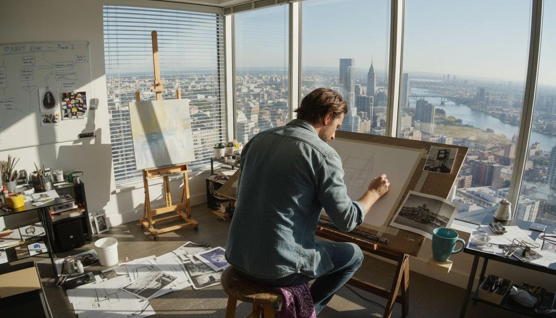 Artist sketching at drafting table in sunlit studio
