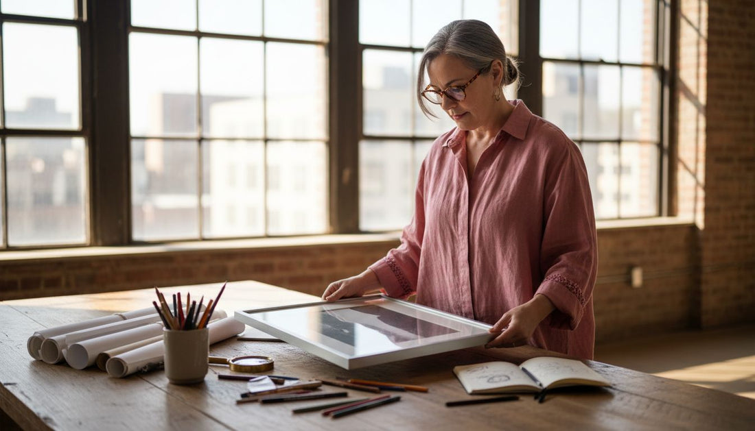 Collector examining framed art print in loft