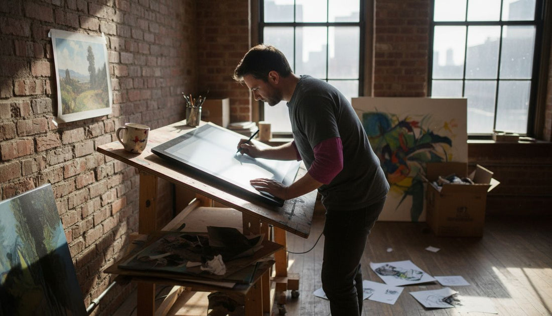 Artist sketching for custom commission workspace