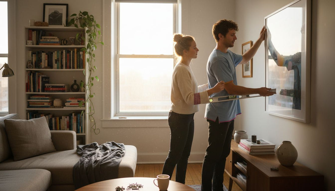 Couple hanging framed art in living room
