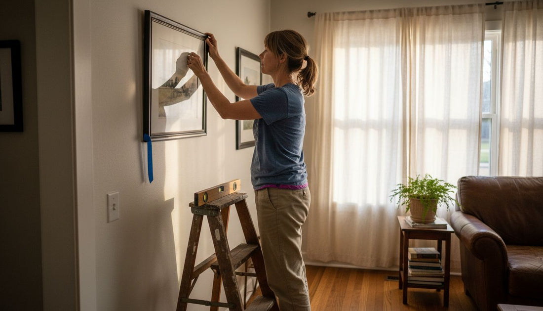 Woman hanging framed art print in living room