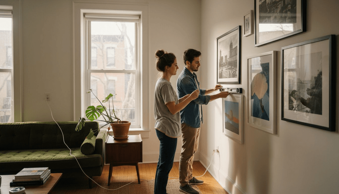 Couple arranging framed art gallery wall