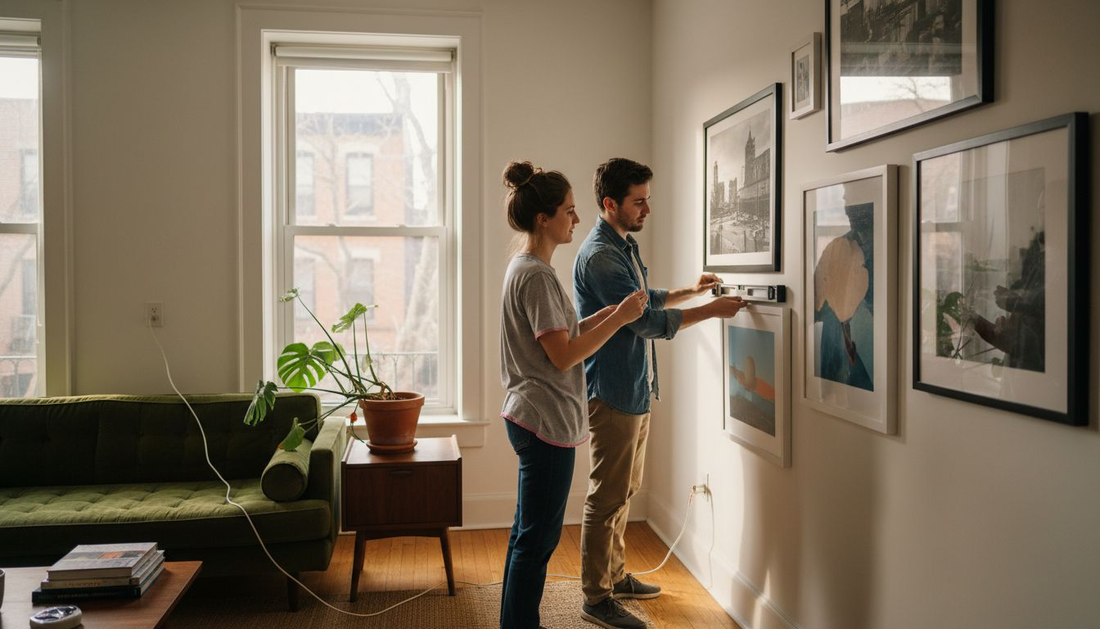 Couple arranging framed art gallery wall