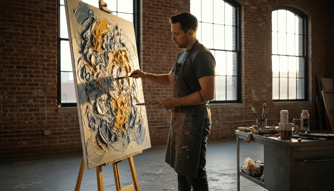 Artist creating textured wall art in studio