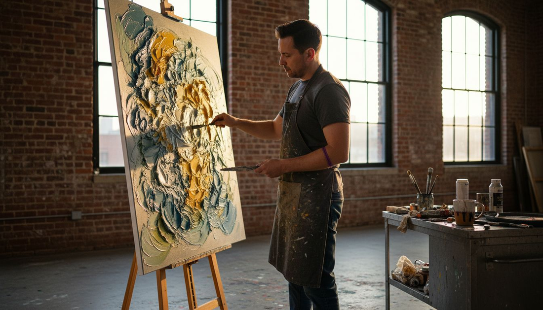 Artist creating textured wall art in studio