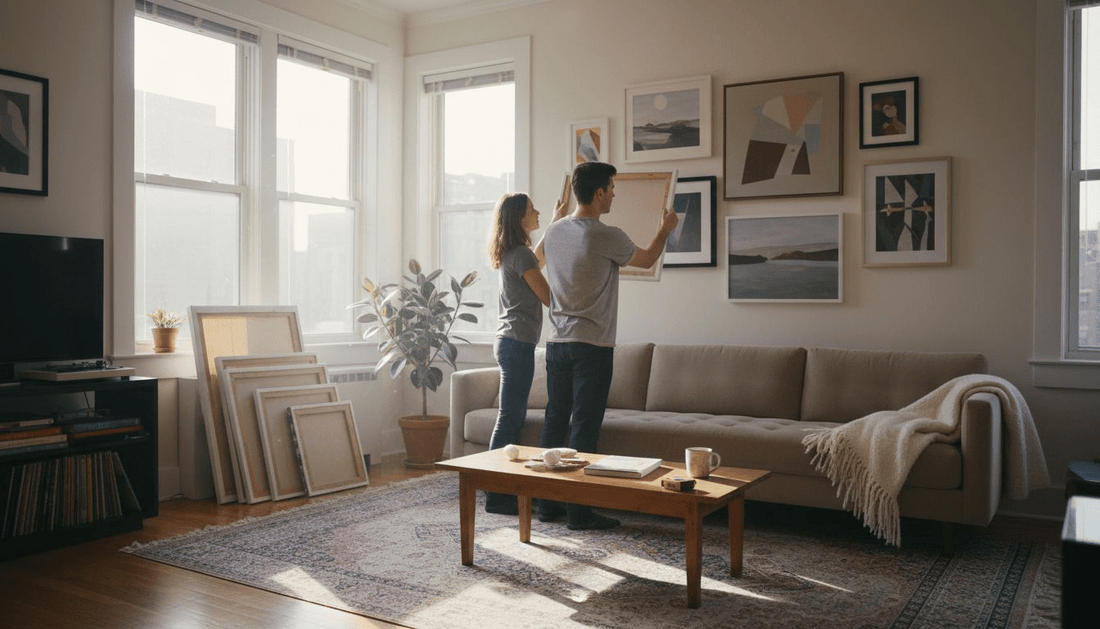 Couple arranging paintings in airy living room