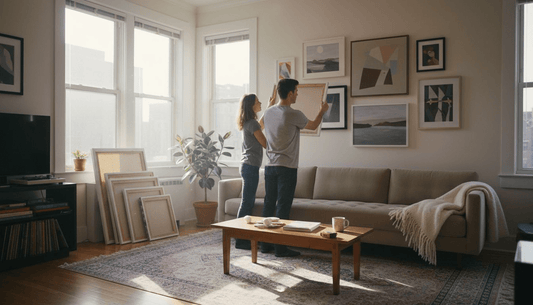 Couple arranging paintings in airy living room