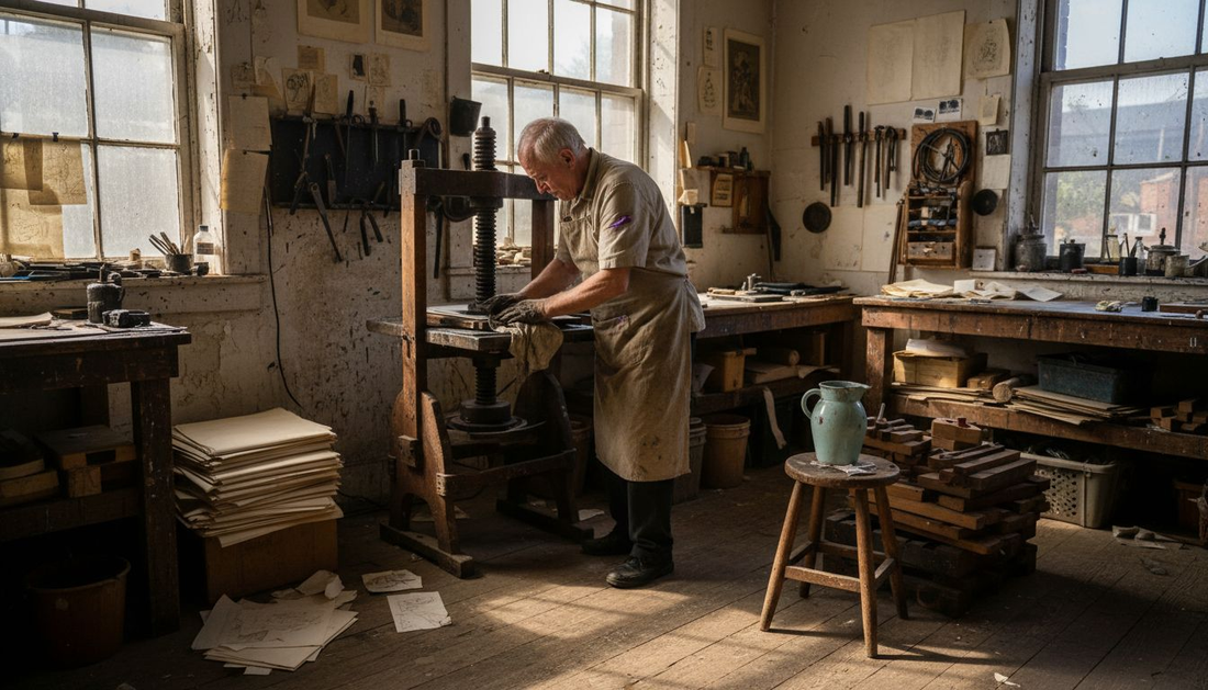 Historic printmaking studio scene with artist