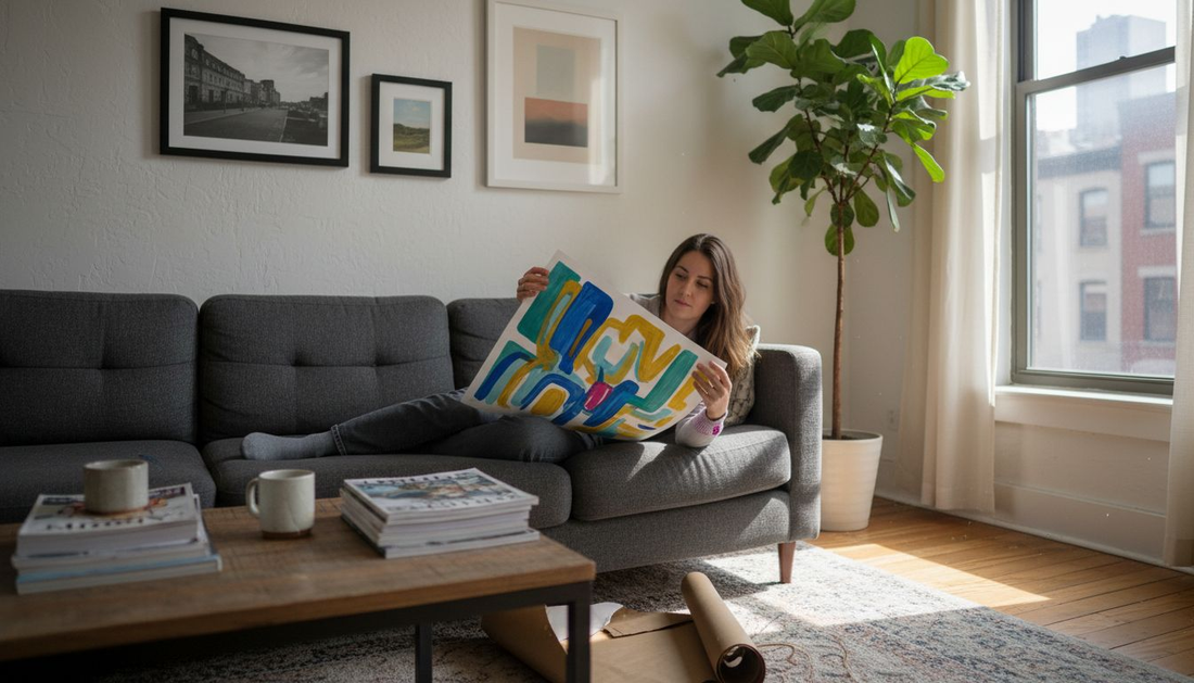 Woman admiring modern art prints in city apartment