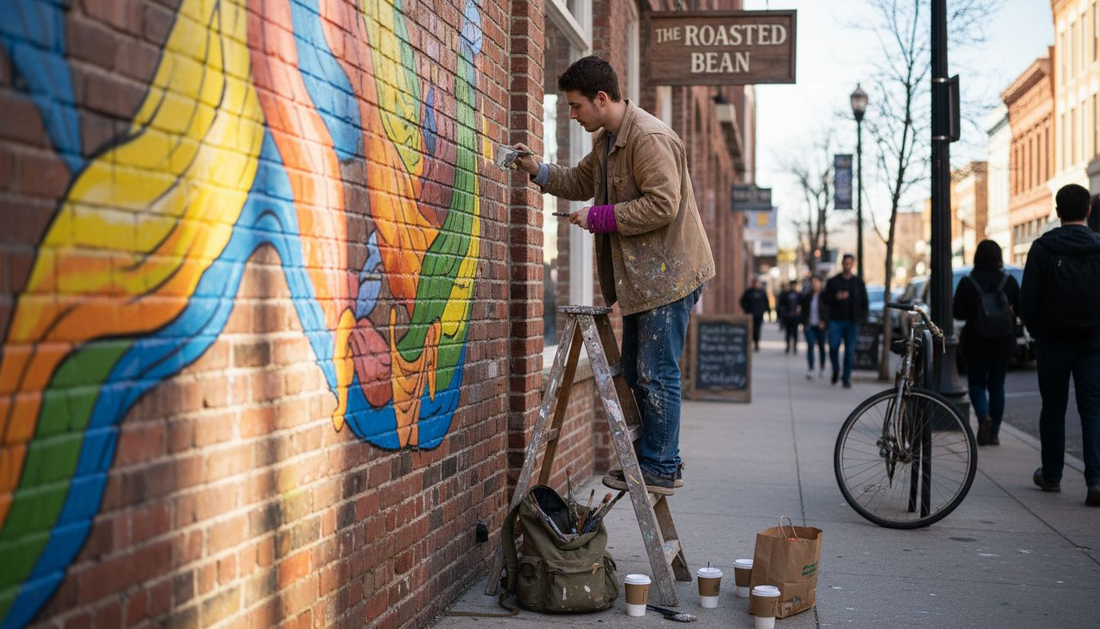 Artist painting mural on city building