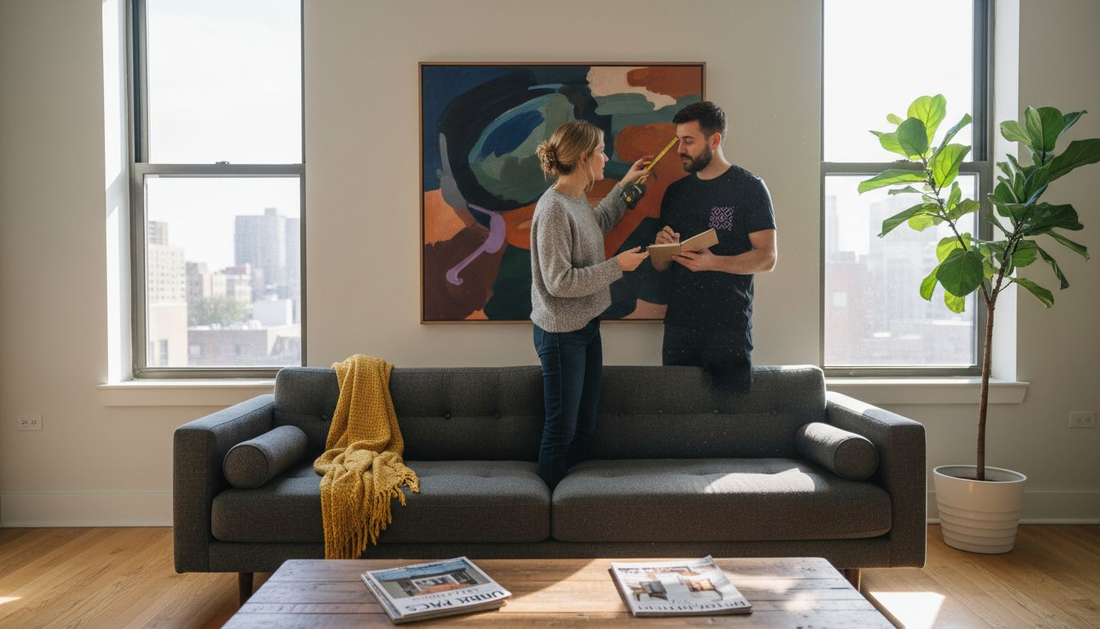 Couple planning art placement in modern living room