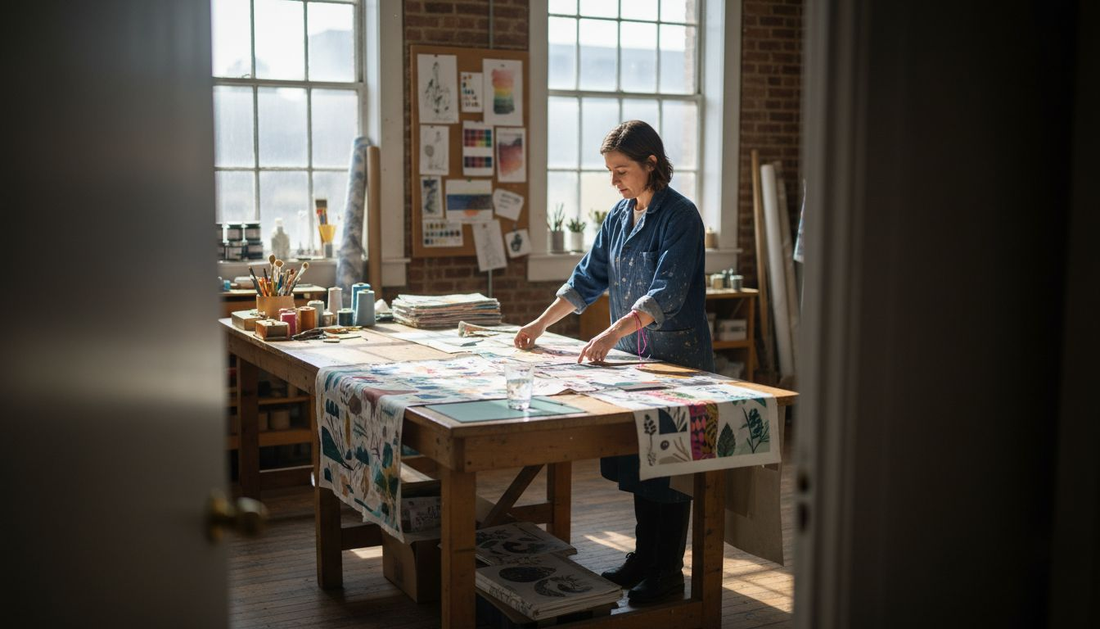 Textile artist arranging colorful art prints in studio workspace
