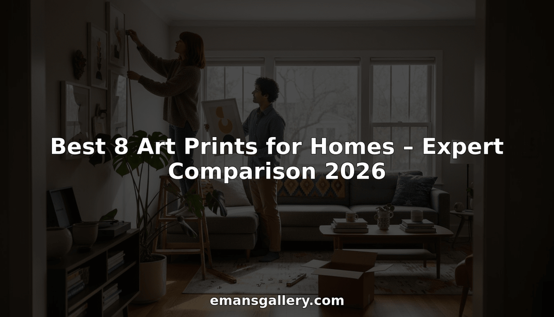 Couple arranging framed prints in sunny city apartment