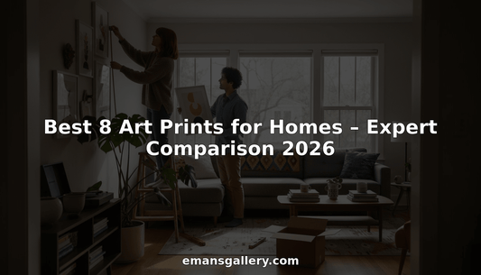 Couple arranging framed prints in sunny city apartment