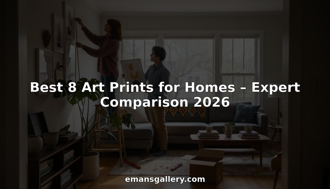 Couple arranging framed prints in sunny city apartment